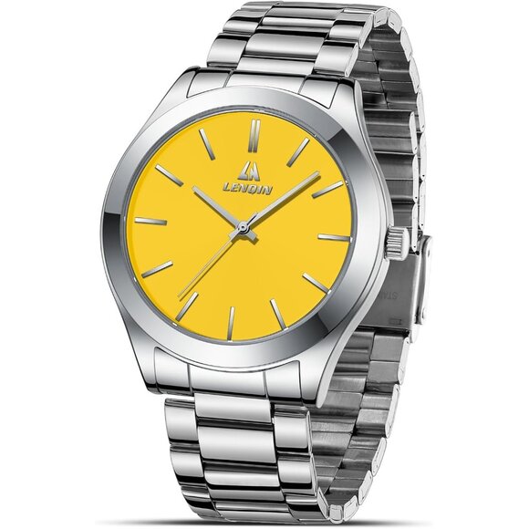 Men Silver Yellow Stainless Steel Analog Quartz Fashion Business Designer Watch - Picture 1 of 9